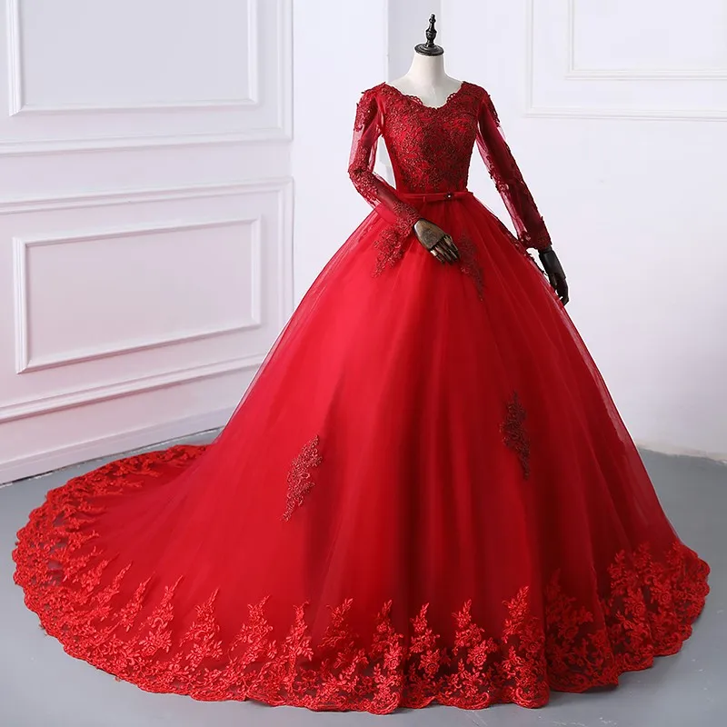 Long Sleeve Belt Lace Quinceanera Dress With Sweep Train Luxury Party Prom Dress Plus Size Vestidos 15 For Girl Customized