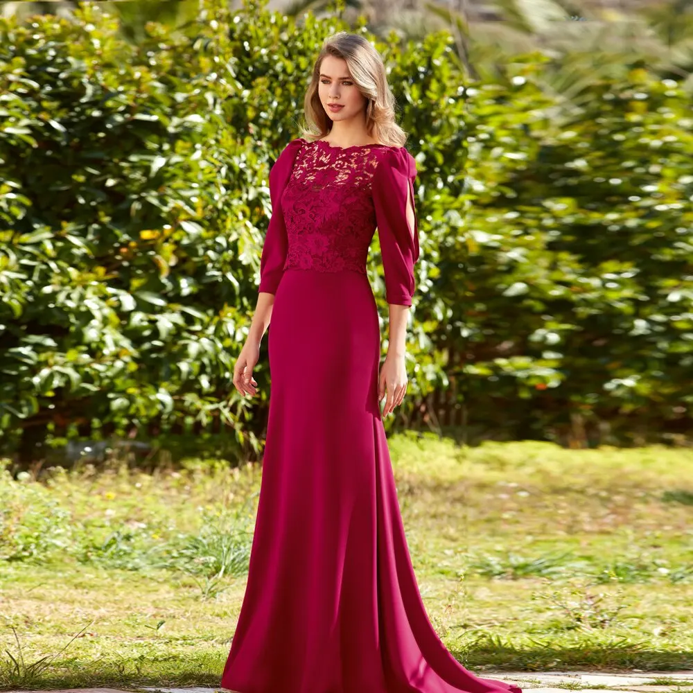 

Elegant Lace Mother of the Bride Dresses O Neck 3/4 Sleeves Mermaid Wedding Party Gowns Floor-Length فساتين مناسبة رسمية 2023
