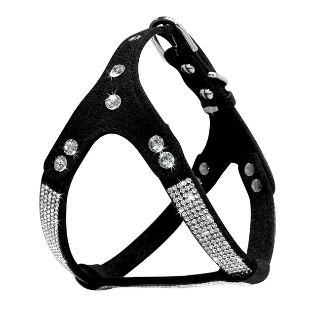 Soft Suede Dog Harness Bling Rhinestone Harness Diamond Leather Pet Harnesses for Small Medium Dogs Cats Red Pink Black 3