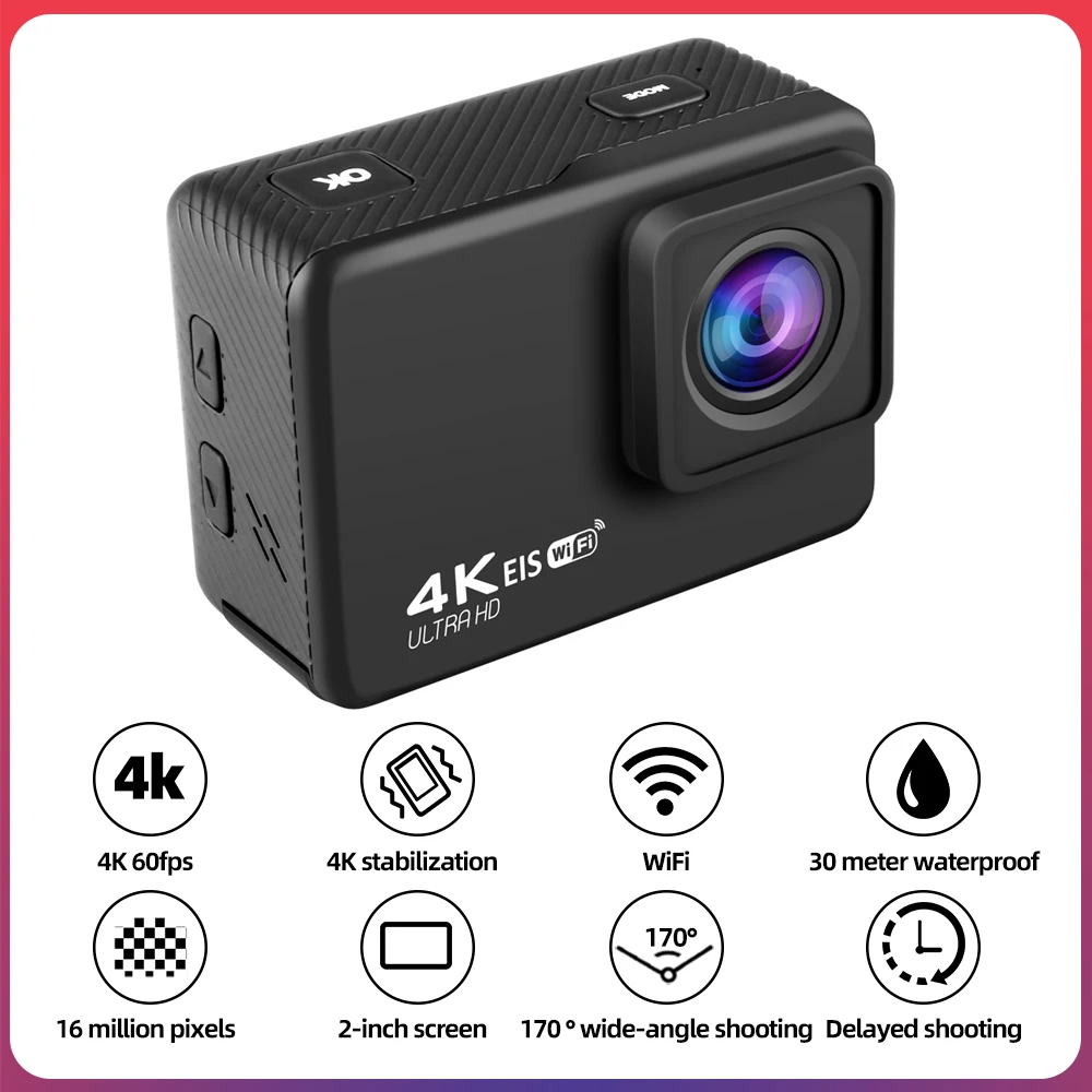 

Экшн-камера 4K Ultra HD, 60 кадров в секунду, экран 2,0 дюйма, функция стабилизации, экран дистанционного управления, водонепроницаемость до 30 м, Спортивная камера 170D