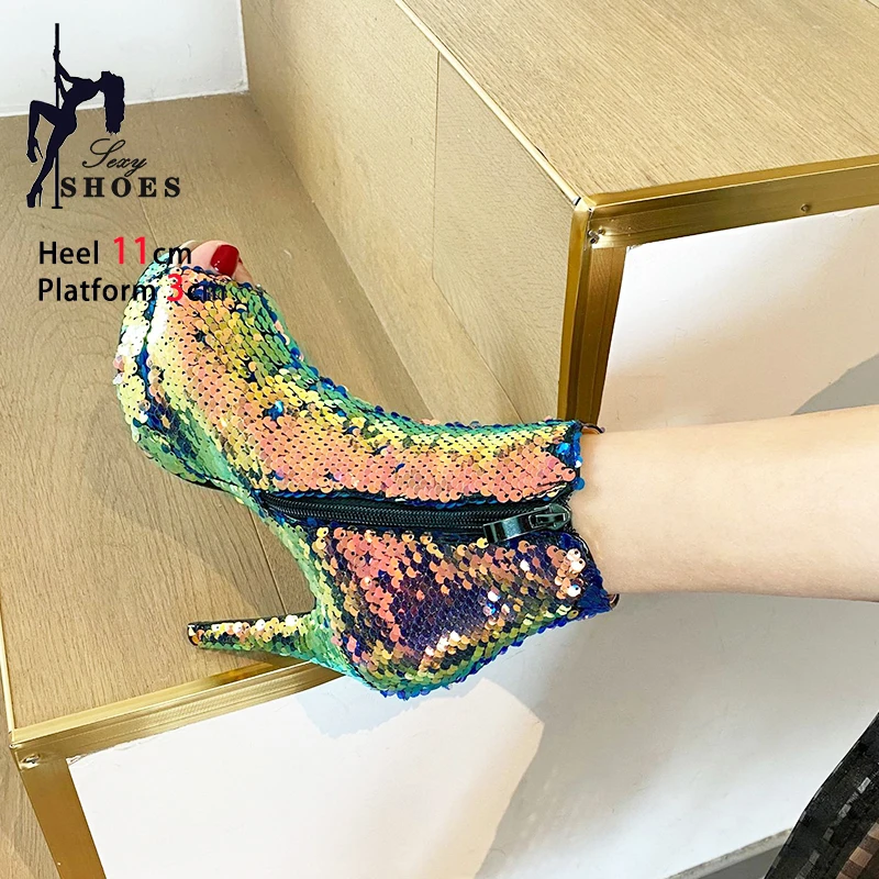 Women Sequined Shoes Summer Peep Toe Boots Fashion 2025 New Thick Bottom Platform Stiletto Heels Bling Shiny Short Boots Mujer