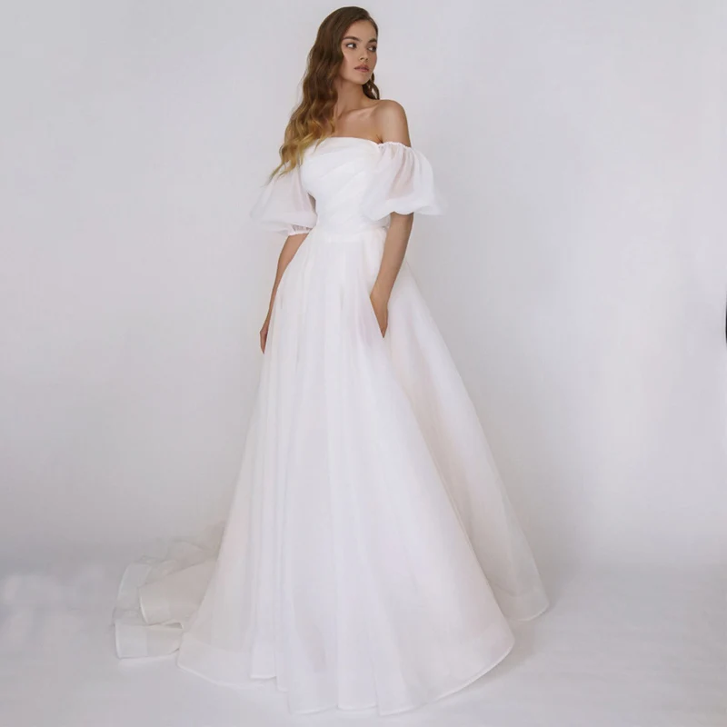 

Strapless Wedding Dresses with Puff Sleeves Sexy A-Line Pleated Organza Open Back Bridal Gowns for Brides 2023 Custom Made