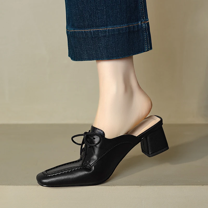Women's Square Toe High Mid Sheepskin Back Strap Heels