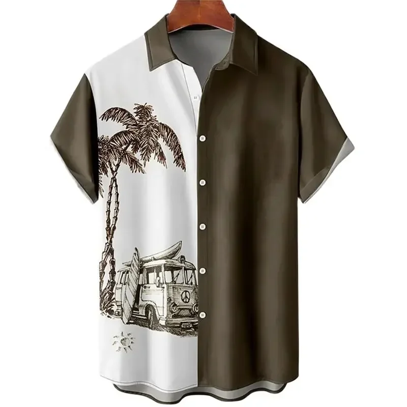 Summer Fashion Men's Short Sleeve Casual Shirt Hawaiian Vacation Coconut Tree Printed Top Seaside Party Wear Men's Oversized Top 6