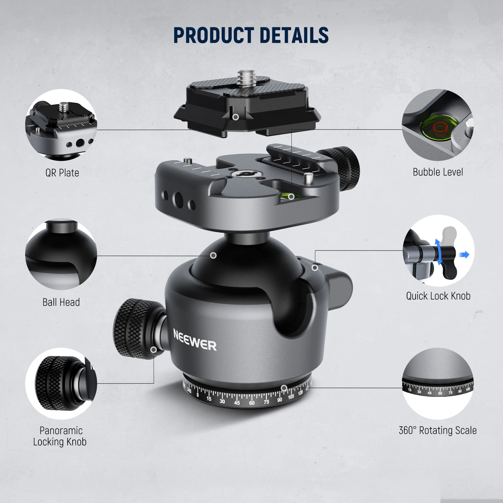NEEWER GM41 Low Profile Tripod Ball Head 40mm Metal Panoramic Camera Mount Adapter with 1/4" Arca Plate For Peak Capture Camera