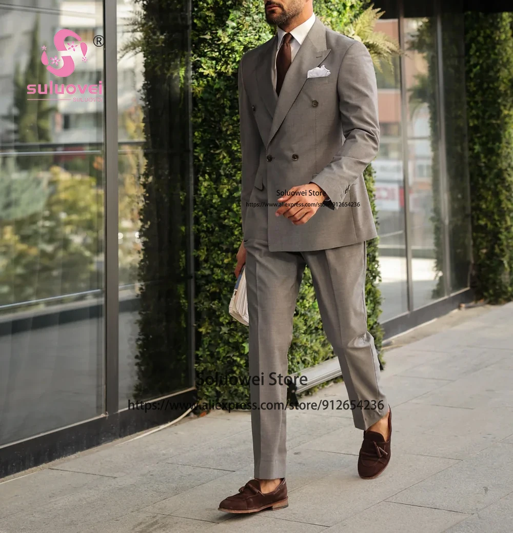 Fashion Grey Double Breasted Tuxedo Suit For Men Slim Fit 2 Piece Pants Set Groom Wedding Prom Blazer Costume Homme Pour Mariage