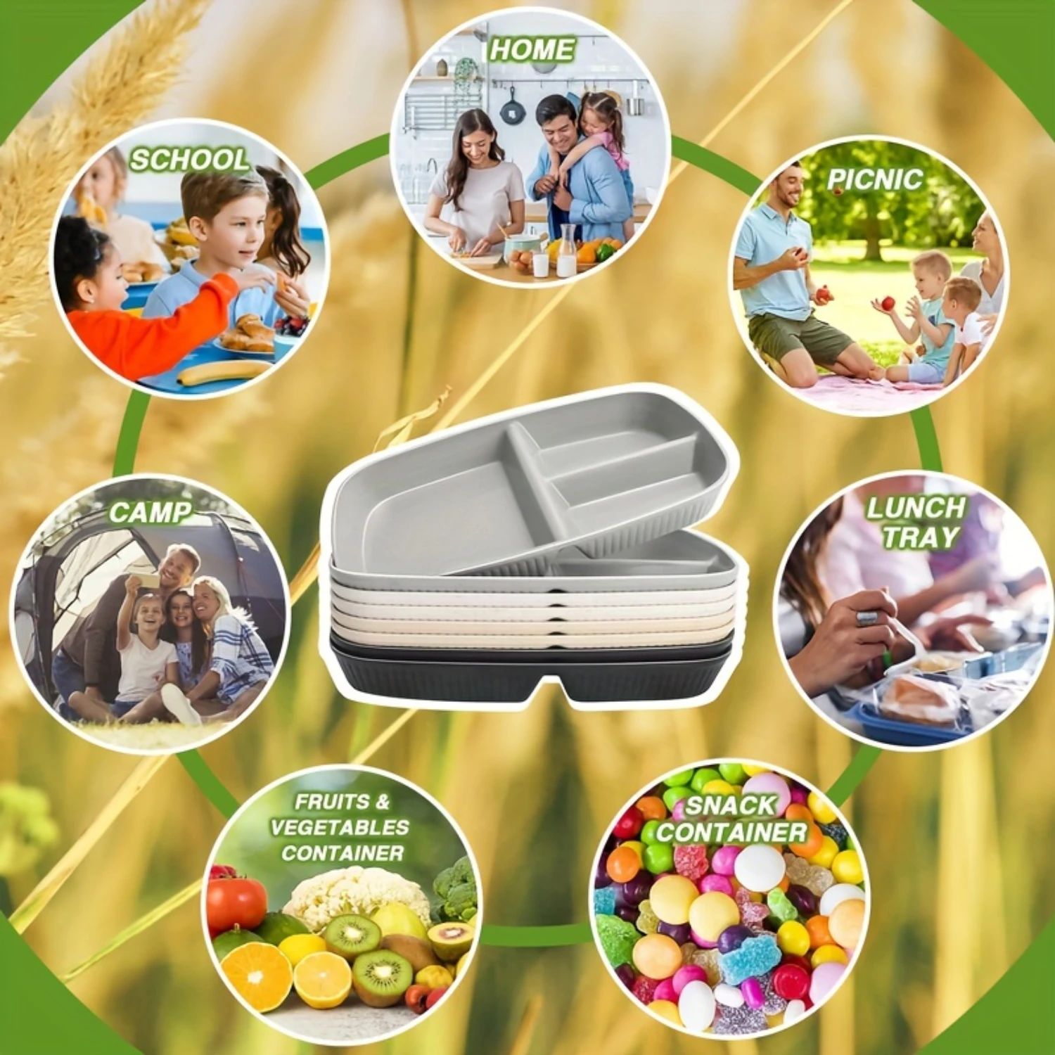 Food Grade Wheat Straw & BPA Free PP Divided Plates with 3 Deep Sections for Adult Meals Perfect for Salads, Pasta, and More