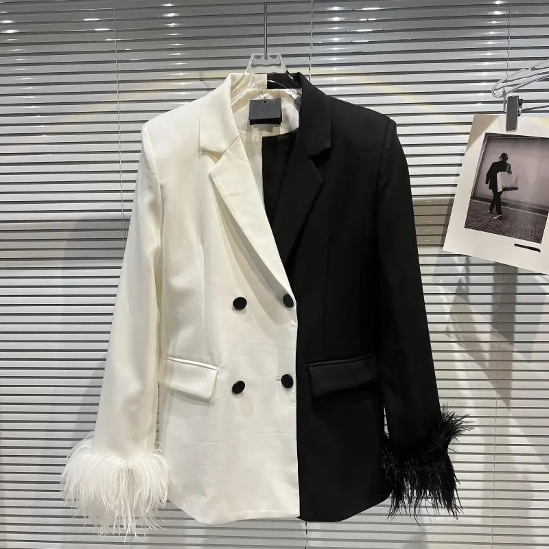 

Feather Runway Cuff Black White Contrast Color Suit Jacket Women Lapel Long Sleeve Loose Blazer Coat Spring Winter New Clothes