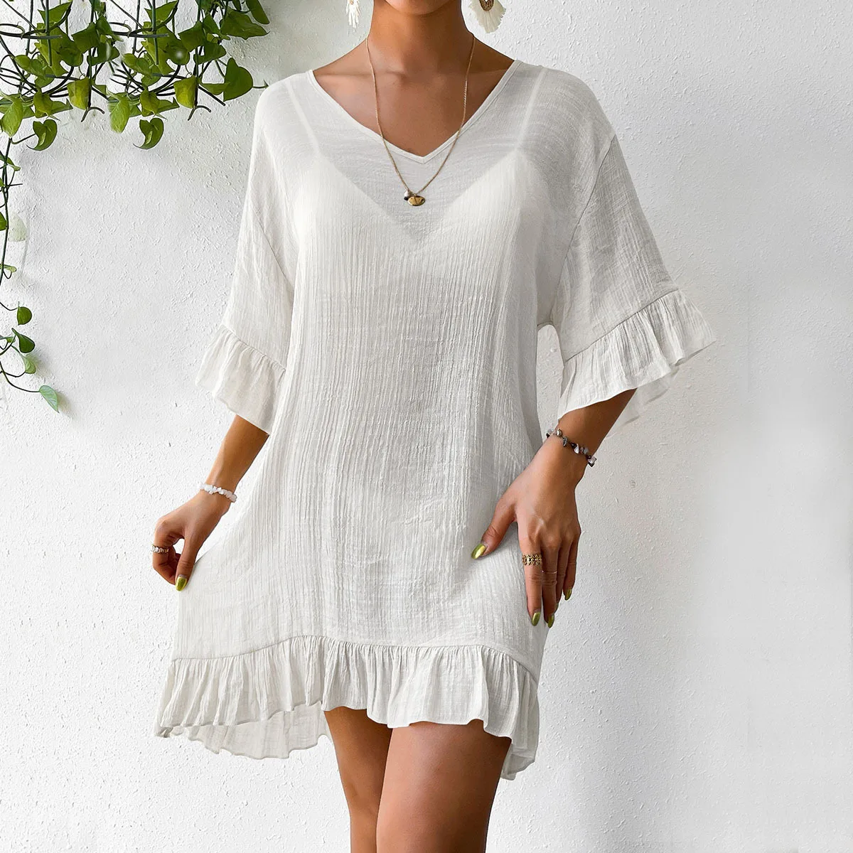 Women's Ruffled Half Sleeve Backless Crochet Butterfly Tunic Beach Bikini Cover Up Beach Skirt Beach Wear