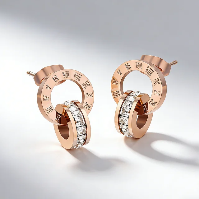 Boucles d'oreilles pendantes créatives et tendance en acier inoxydable avec chiffres romains et zircons, double anneaux croisés, pour femme, bijou de mariée, cadeau