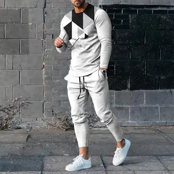 Men's Long Sleeve T-shirts and Pants Two Piece Black White Classical  3D Printed Men's Sets Casual Suit nike tech fleece