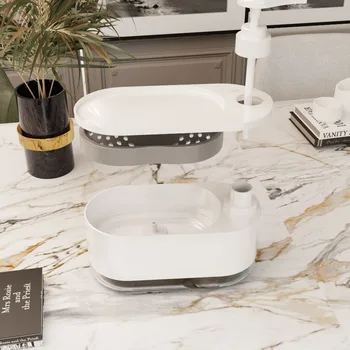 ที่จ่ายสบู่แบบคู่ขนาดใหญ่พร้อมที่วางฟองน้ำ แบบกดด้วยมือ อุปกรณ์ครัว อุปกรณ์ห้องน้ำ 1