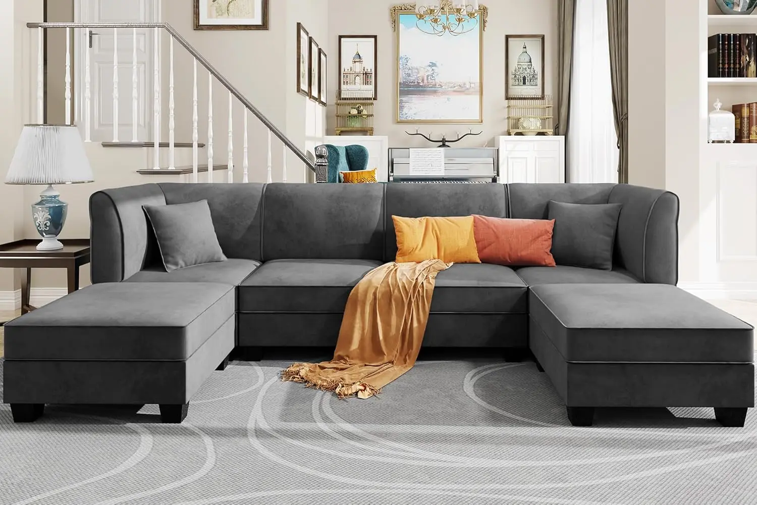 Sectional Modular Sofa with Reversible Chaise Velvet Couch Sofa Modular Large Sectional Couch with Ottoman