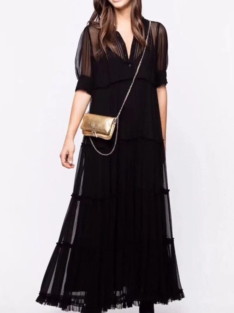 

Dressed Women's Spring/Summer New Design Sense Fashionable and Elegant Black Short sleeved Long Dress