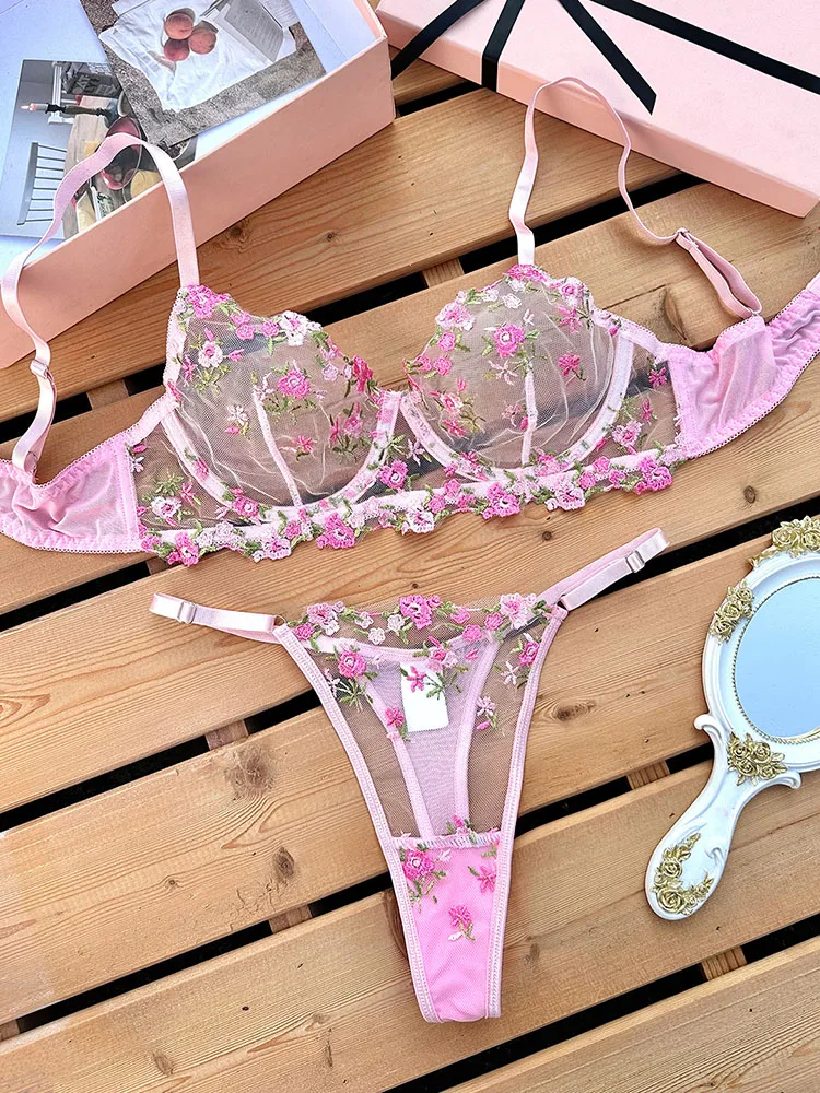 

Sexy Bra Thong Sets for Women Floral Transparent Lingerie Mesh Lace Fairy Underwear Embroidery Sensual See Through Exotic Sets