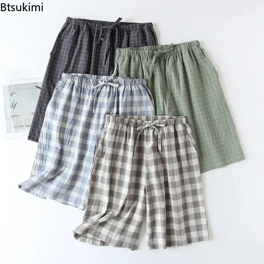 home pajama shorts mens sleepwear loose elastic sleep bottoms cotton comfortable breathable boxers casual male print underpants New 2024 Men's Sleepwear Pajama Shorts Plaid Design 100% Cotton Casual Loose Double-layer Homewear Sleep Bottoms Male Home Pants