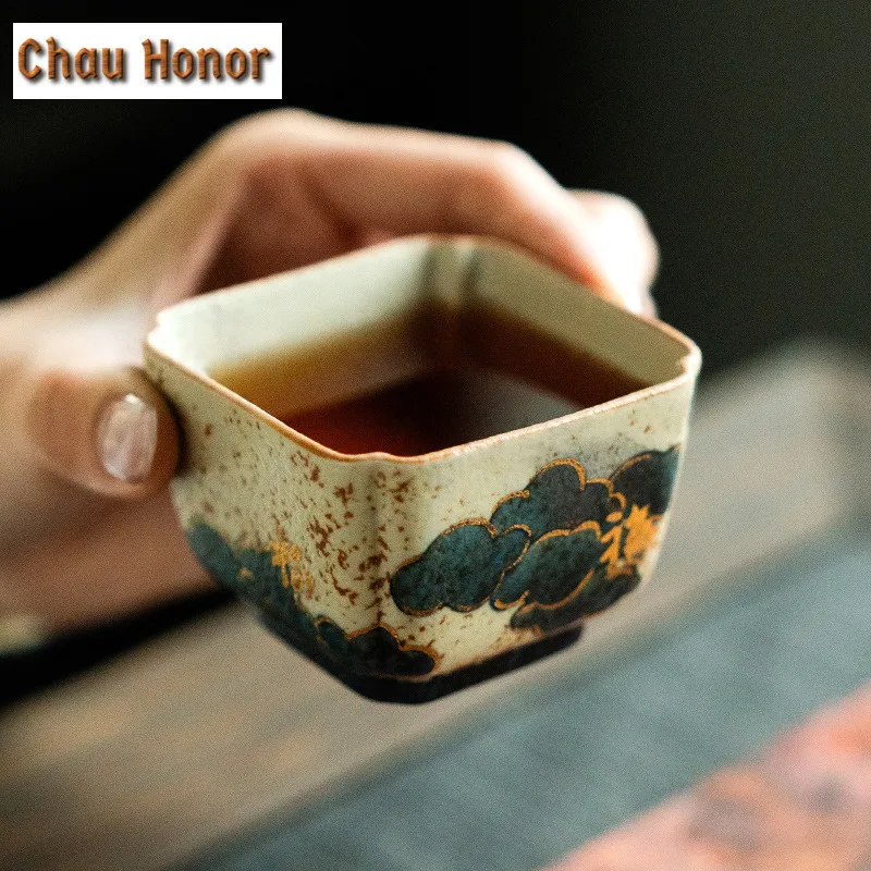 90ml Handmade Gold Drawing Auspicious Clouds Teacup Blue And White Flint Red Master Cup Square Meditation Cup Taste Chazhan Gift