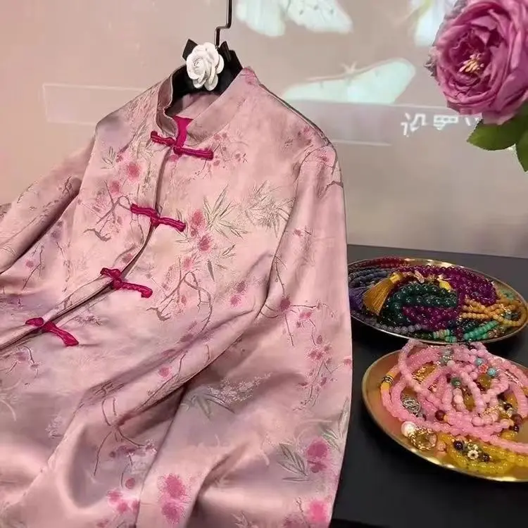 Improved National Style Vintage Modern Hanfu Embroidery Women Jacket Pink Chinese Tang Suit Top Women Spring Autumn New