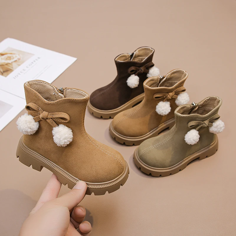 Soft Suede Boots for Girls with Faux Fur and Plush Ball