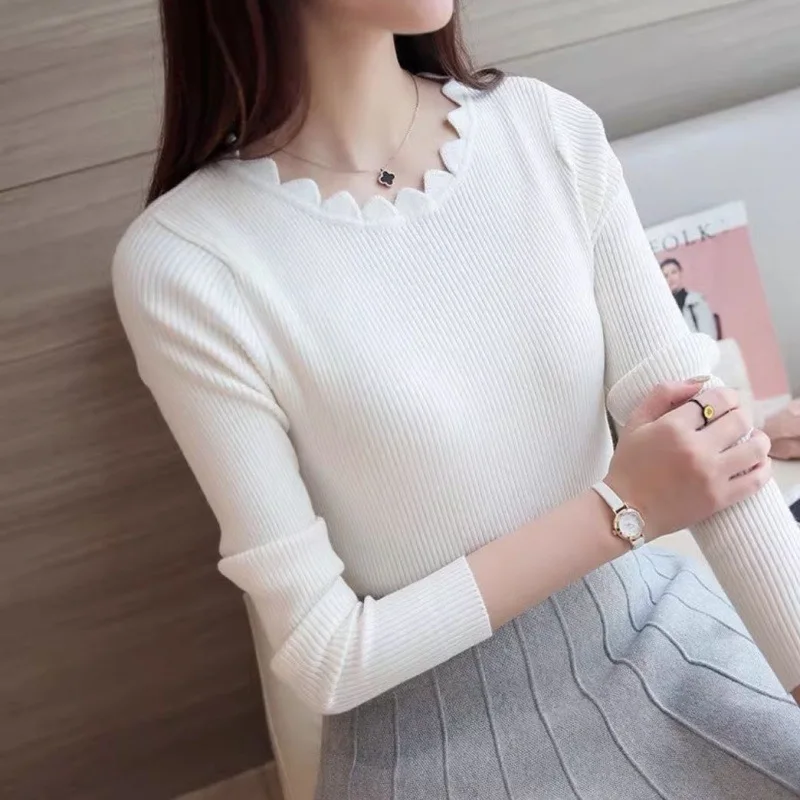 New Sweater Women's Autumn and Winter Long Sleeved Ruffle Collar Lady's Short Knitted Pullover Base Shirt Women 7167
