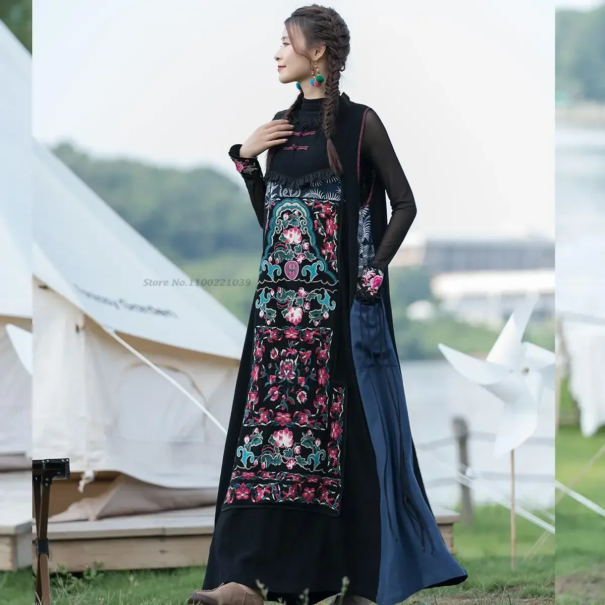 

2023 traditional chinese vintage dress national flower embroidery sundress retro cotton linen long dress oriental folk dress