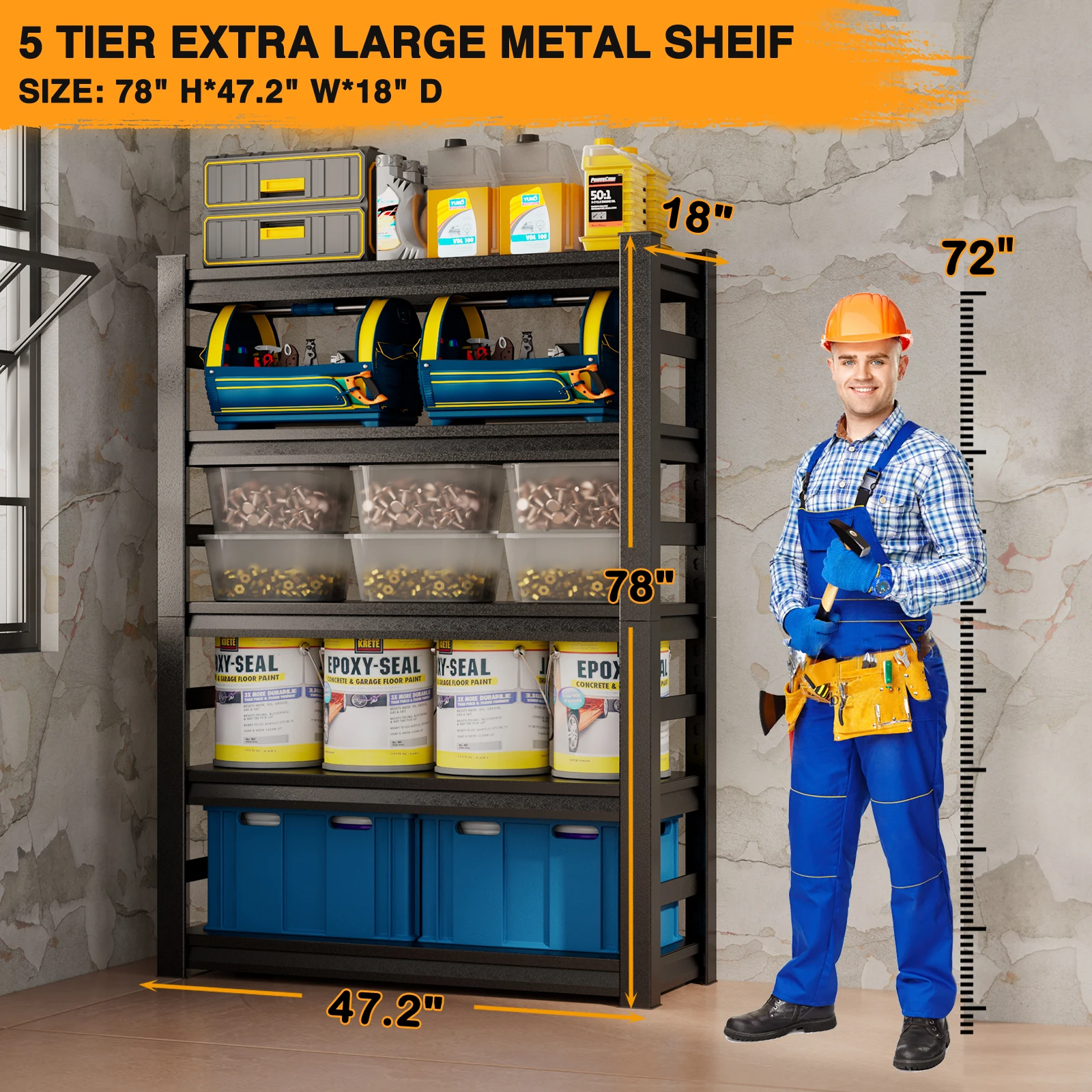 MORGIE 47.2" W Garage Storage Shelving, 3000LBS Heavy Duty Adjustable 5 Tier Metal Shelves Storage Rack With Fences