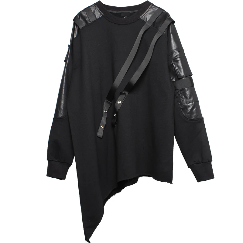Men PU Patchwork Sweatshirt Hip Hop Streetwear Goth Punk Pullover 2022 Fashion Harajuku Functional Sweat Shirt Tops Men Clothing
