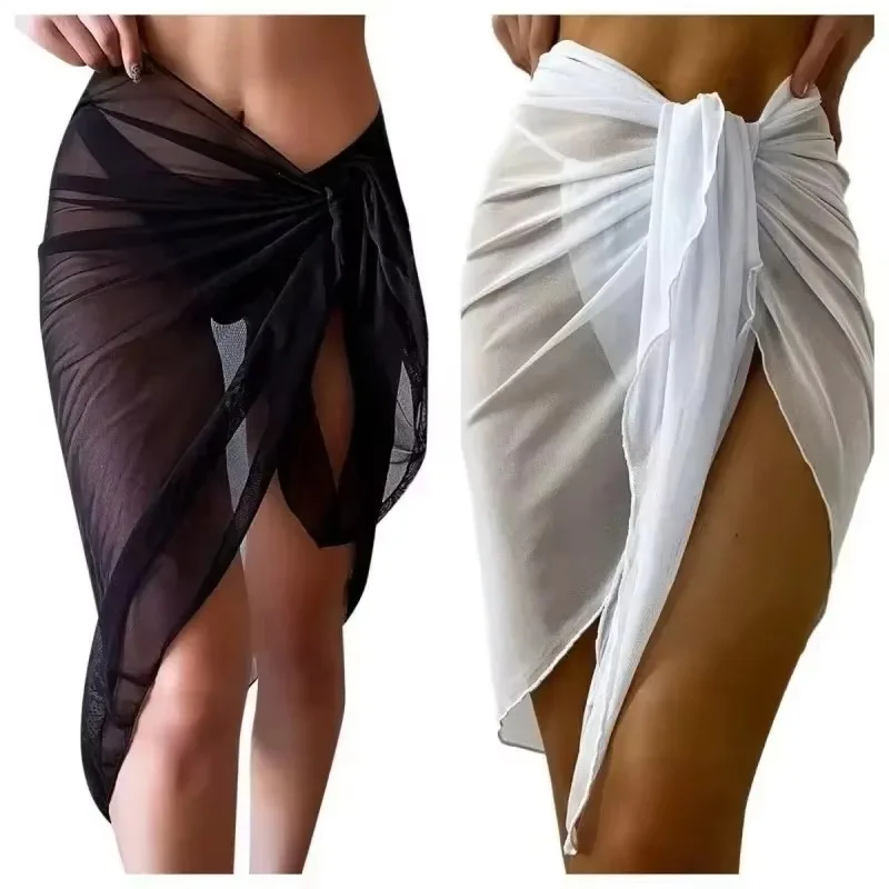 Summer Beach Dress Wrap Sheer Wrap Knot Waist Swimsuit Cover Up Skirt Bikini Wraps Scarf Swimwear Cover Ups Women Bikini Shawls 1