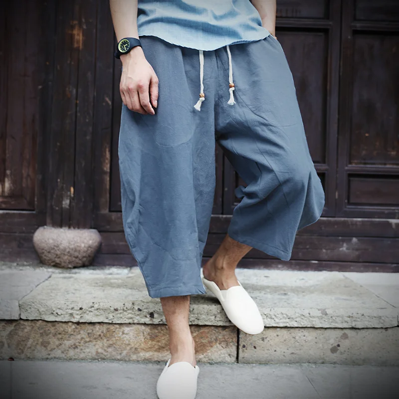 

2023 Men Cotton Linen Wide Leg Pants Men Hanging Crotch Hip Hop Pants Men's Calf-Length Cross Pants Trousers
