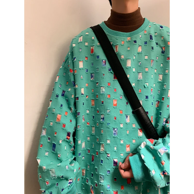 

Wash Sweatshirts Man Loose Ripped Hole Graphic Printing Tops Korean Fashion O Neck Pullover Sweater Harajuku Y2k Oversized