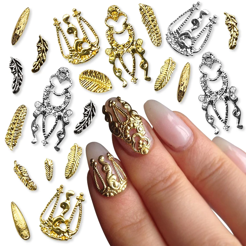 

10pcs 3D Hollow Out Alloy Nail Art Charms Retro Leaf Gold Silver Nail Charms for Acrylic Nails Metal Nail Jewels for Nail Art