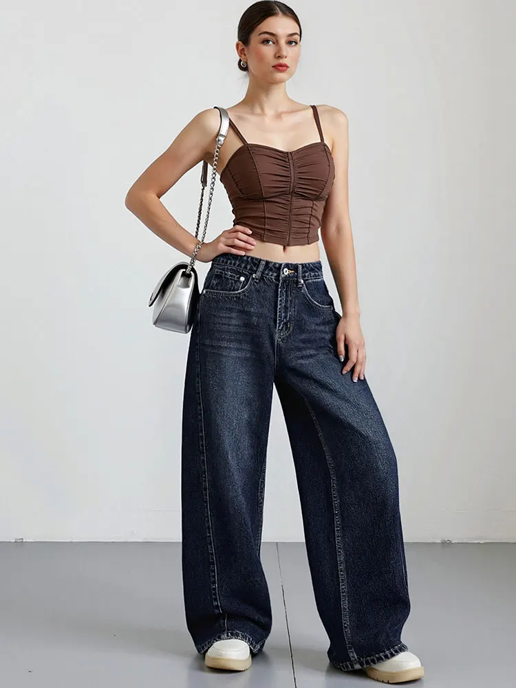 HH Women Fashion Baggy Straight Jeans Casual Loose Mid Waist Denim Pants Autumn Female High Street Chic Trousers Jeans