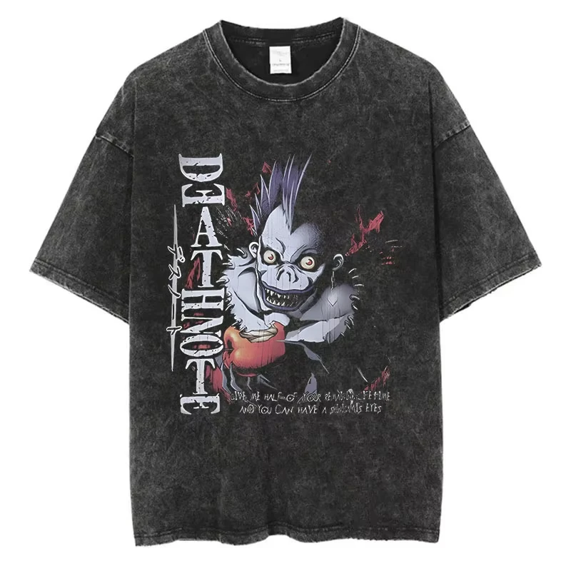 Mode Streetwear Unisex Top T-Shirt Harajuku Vintage Washed T-Shirts Death Note Anime Grafik-Druck Shirt Übergroße Baumwolle