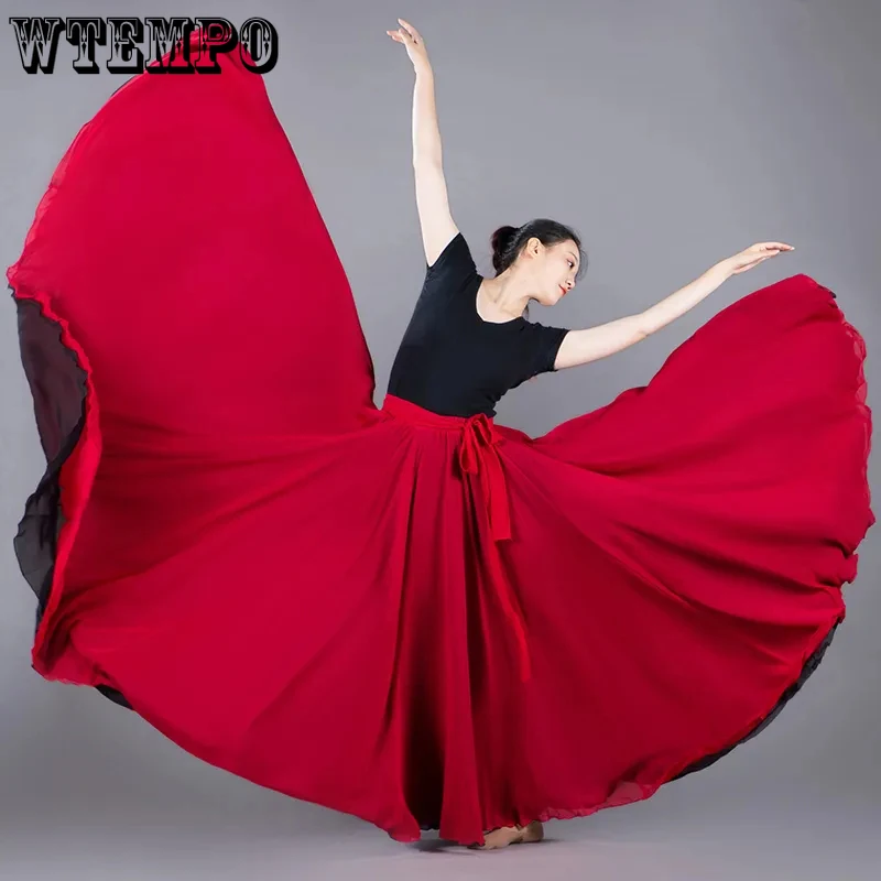 

WTEMPO Double Side Big Swing Party Club Dance Skirts Women Fashion Spring Summer New Chiffon Soft Dual Color Draped Long Skirts