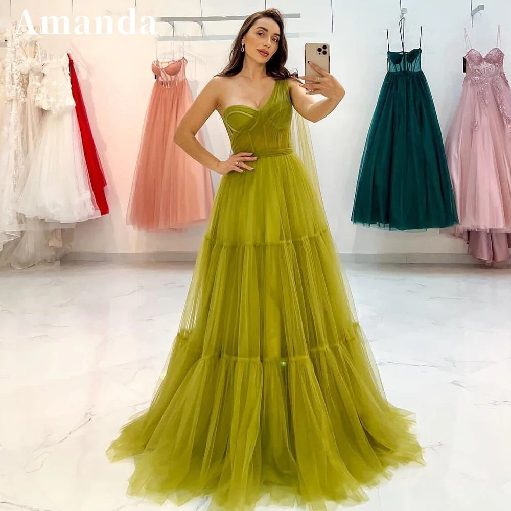 

Amanda Matcha Green A-line Prom Dress Exquisite One Shoulder فساتين السهرة Sexy Sleeveless Multilayer Vestidos De Noche