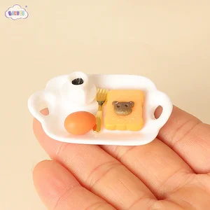 1Set Dollhouse Miniature Bread Egg Coffee Dinner Plate Fork Set Kitchen Food Tableware Decor Toy Doll House Accessories