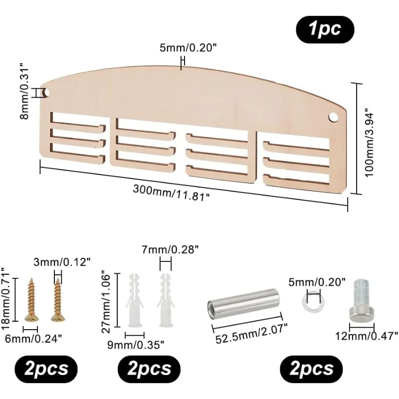 12 Hooks Wood Medal Holder 11.8Inch/30cm Medal Hanger Display Rack Hanger 3 Lines Wall Mount Sport Award Rack Easy to Install 2