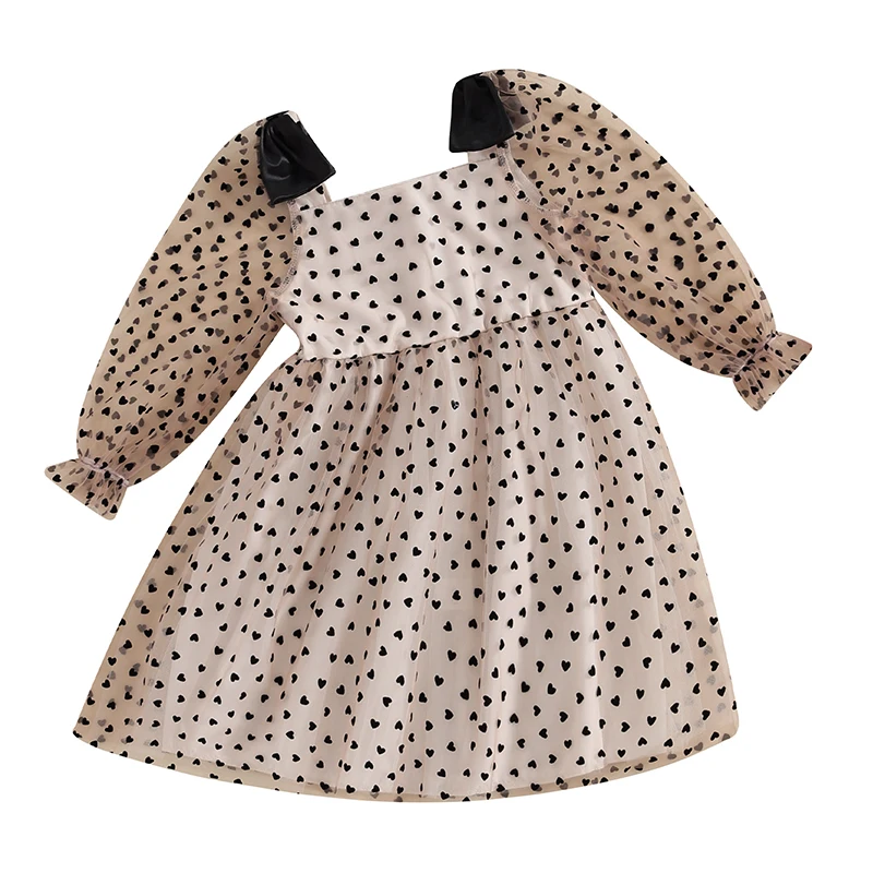 

Toddler Girls Heart Dress Kids Casual Princess Dress Long Sleeve Dress Square Neck Tulle Tutu Patchwork Summer Dress