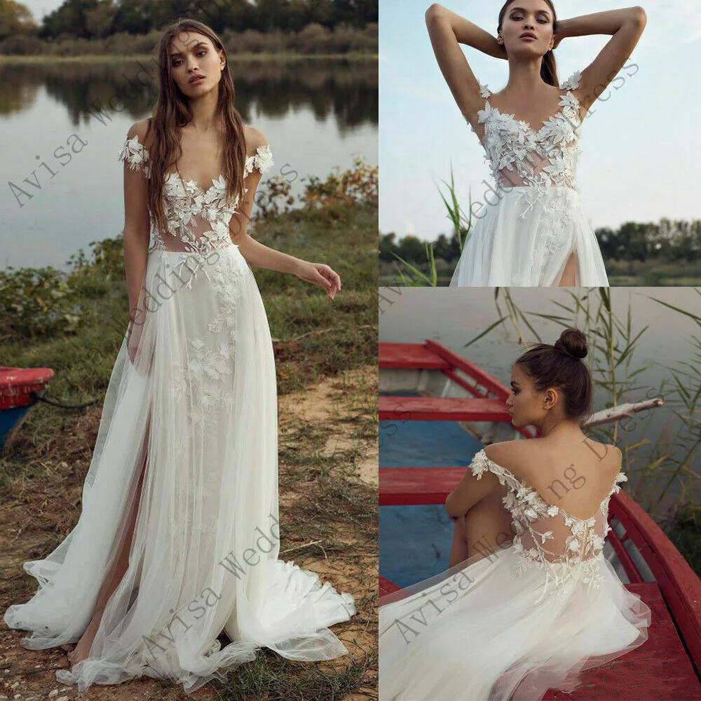 

Boho Off The Shoulder Wedding Dress 3D Floral Lace Appliques Beach Bridal Dress Side Slit Garden Party Dresses Vestido De Noiva