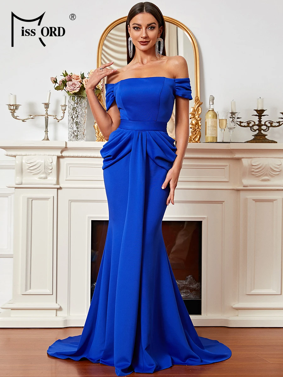 

Missord Elegant Blue Mermaid Evening Dresses Women Off Shoulder Ruched Draped Bodycon Maxi Wedding Party Prom Dress Long Gown