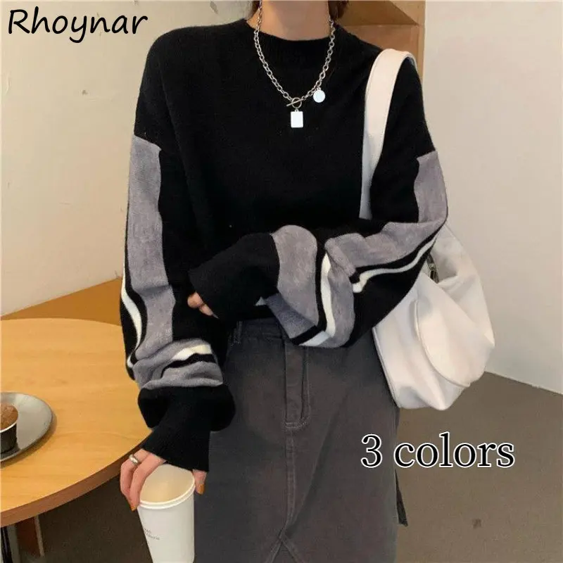 

Pullovers Women Retro Stylish Panelled Ulzzang Ins Cropped Sweaters Baggy All-match Chic Streetwear BF Knitted Schoolgirls Fall