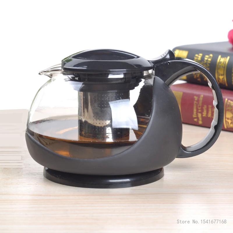Black Clear Glass Tea Teapots, Heat Resistant Infuser, Tea Pot, Strainer Kettle, Teahouse Drinkware, Home Office, 1200ml, 1Pc