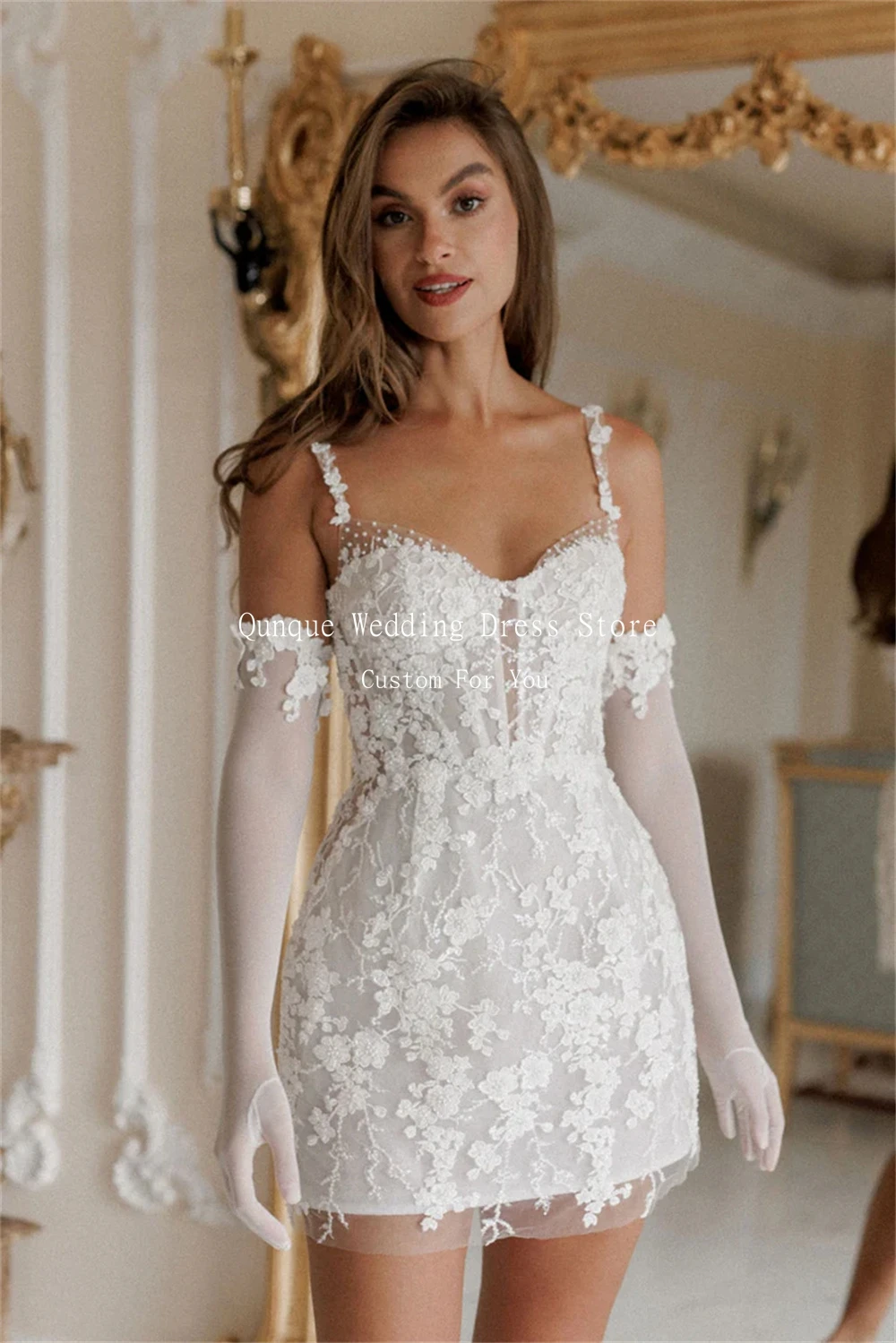 Qunque Chic Tulle Wedding Dress Spaghetti Straps Short Vestidos De Novia Lace Appliques 3D Flowers Robe De Mariée Customized 5