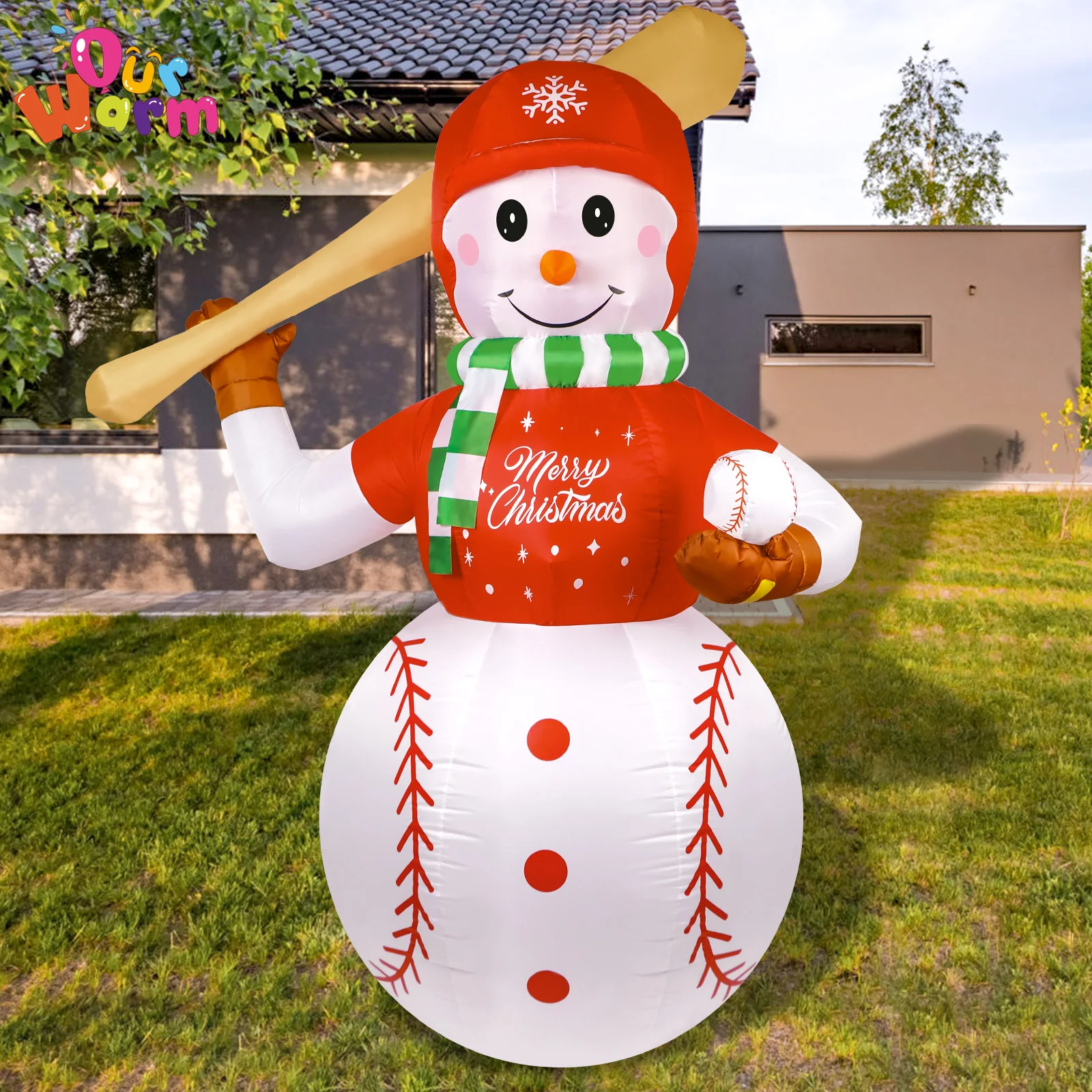 6Ft Christmas Inflatables Baseball Snowman with Build in LED Lights Large Blow up Yard