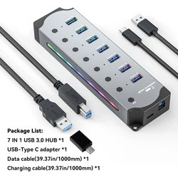 Aluminum USB Hub with 7 Ports and Independent Switches, Featuring RGB Lighting Effects and High - Speed Connectivity (7 IN 1 USB3.0 HUB)