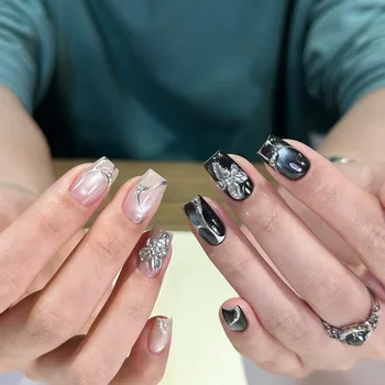10PCS Black White Cat Eye Handmade Square Fake Nails Metallic Silver Pattern Nail Carving Flower French Wearable Press on Nails