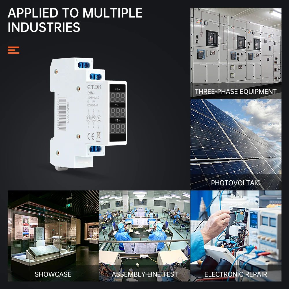Din 레일 전압 측정기 Ac 220v 230v 380v 80-500V EKMV3 ETEK 용 모듈 형 Led 디지털 3 상 전압계