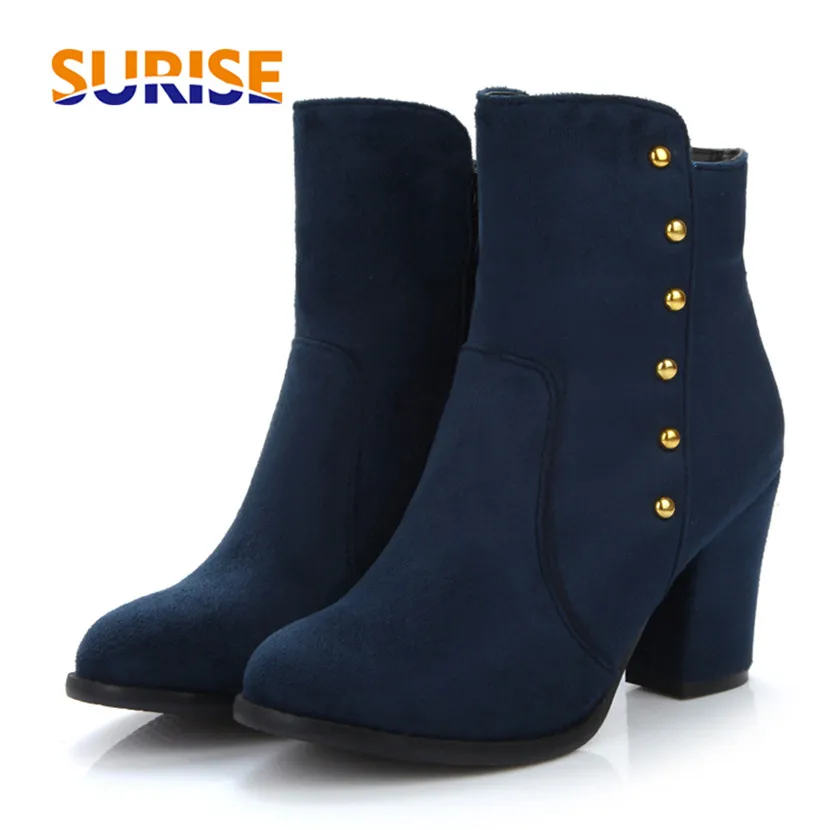 

Plus Size Winter Women Ankle Boots Blue Black Flock High Block Heels Casual Office Lady Round Toe Zipper Rivet Plush Short Boots