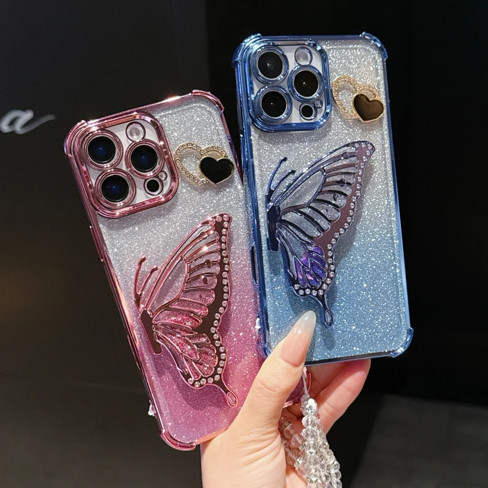 Elegant Butterfly Bracket Crystal Chain Phone Case - Luxury Protective Cover