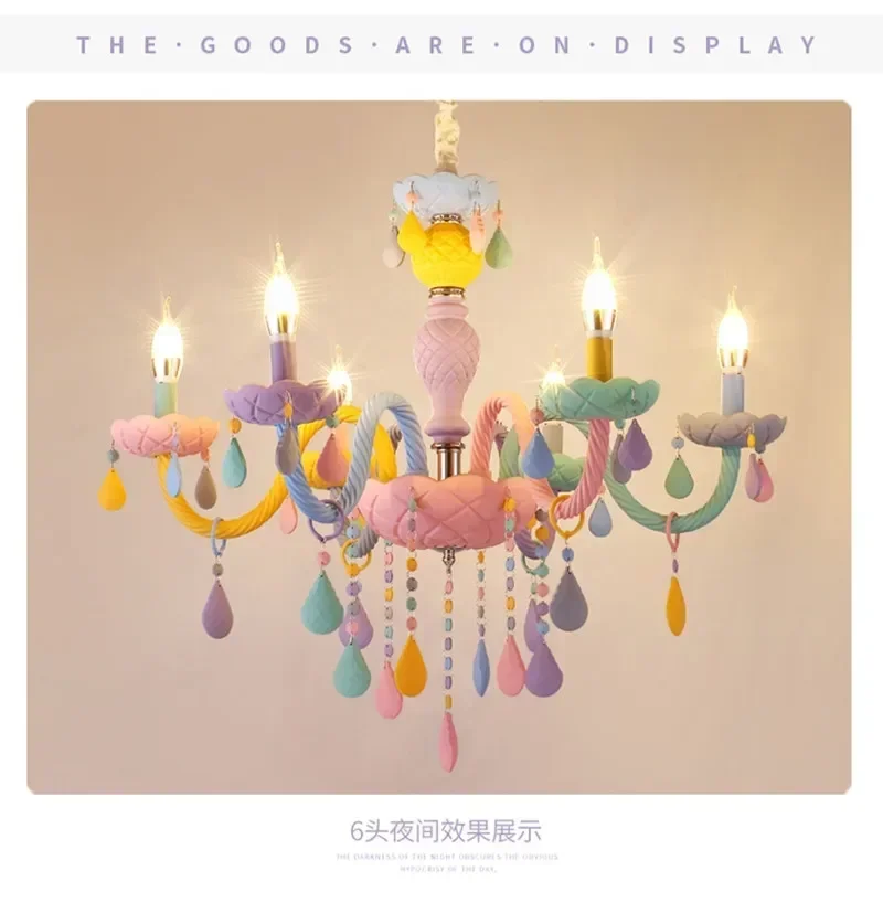 Description Picture 6 of itemModern Macaron Colorful Crystal Chandelier Rainbow Candle Lustres American Girl Princess Children Room Luminaire Light Fixtures